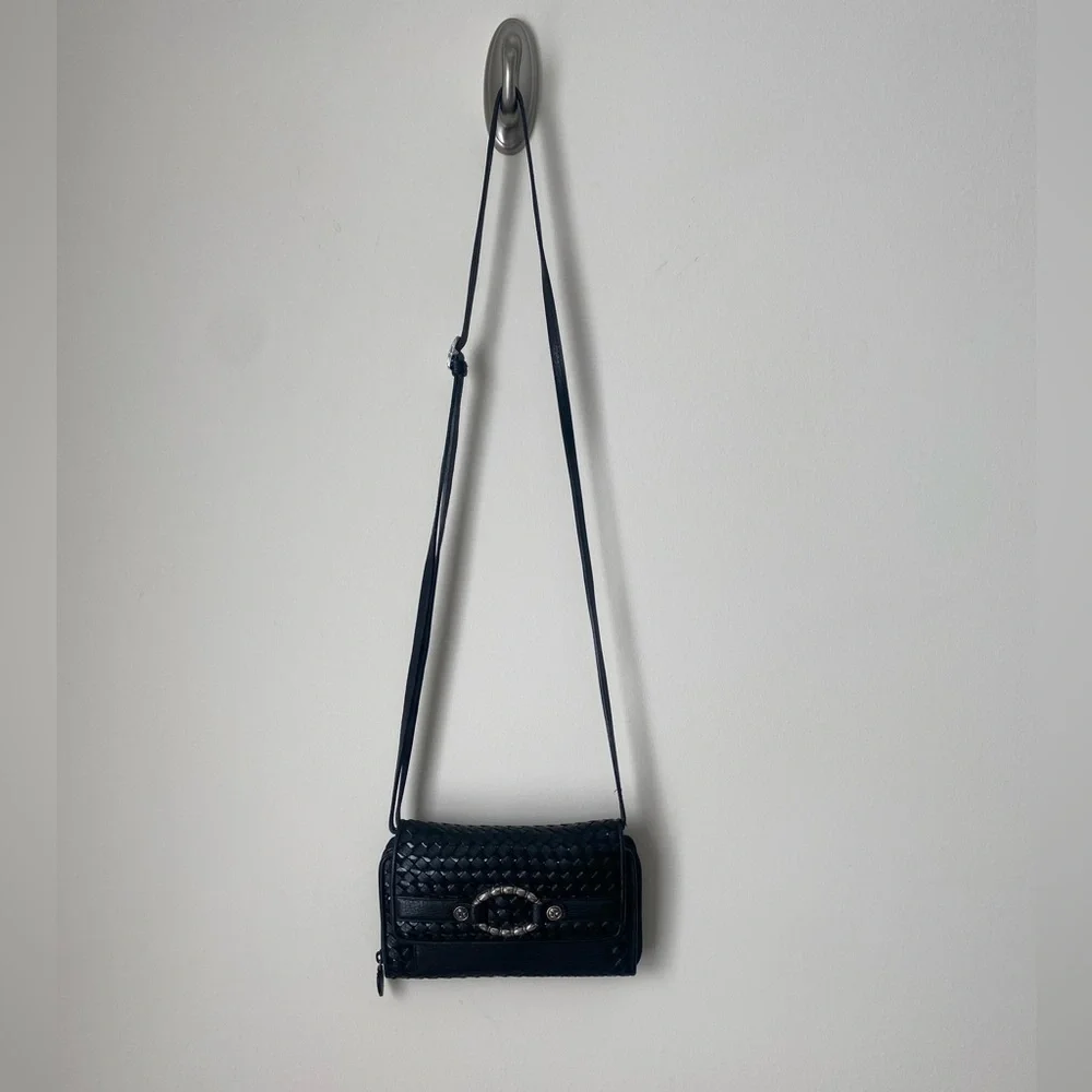 Brighton Shoulder Bag Basket Weave Crossbody Wallet Organizer Vintage Black - Picture 2 of 9